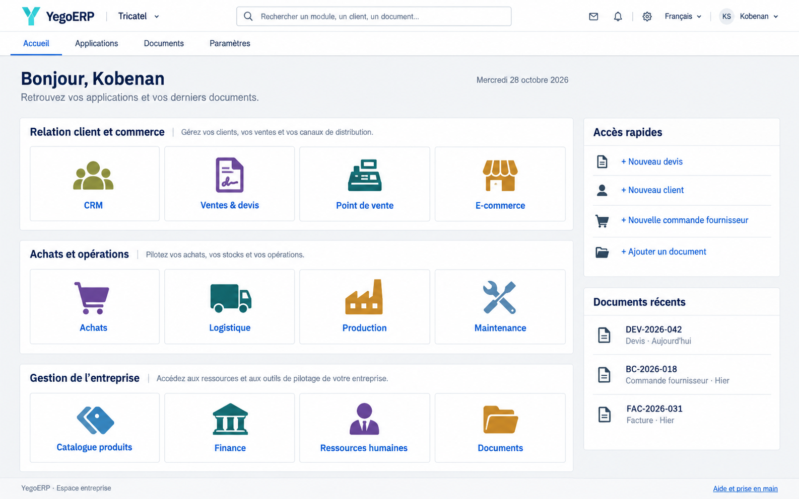 Aperçu de l’accueil YegoERP : applications par métier, accès rapides et documents récents