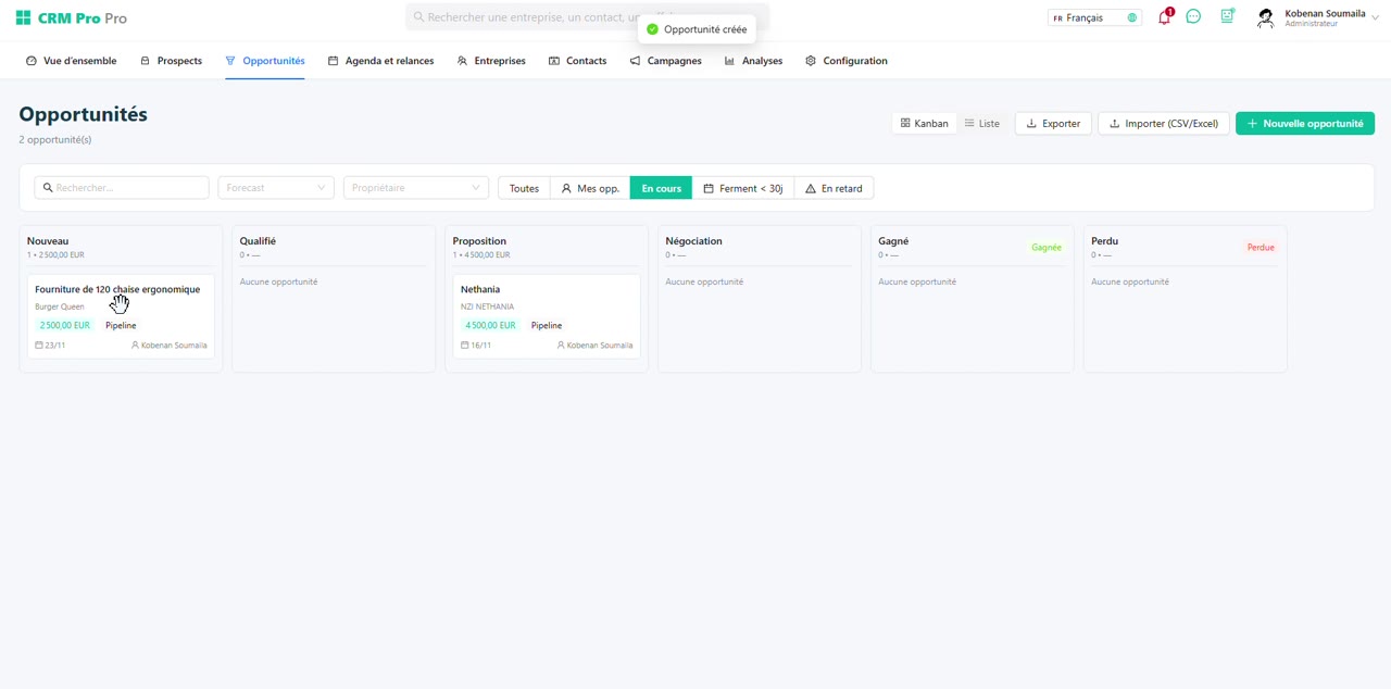 Vue du module CRM, avec des données d’exemple