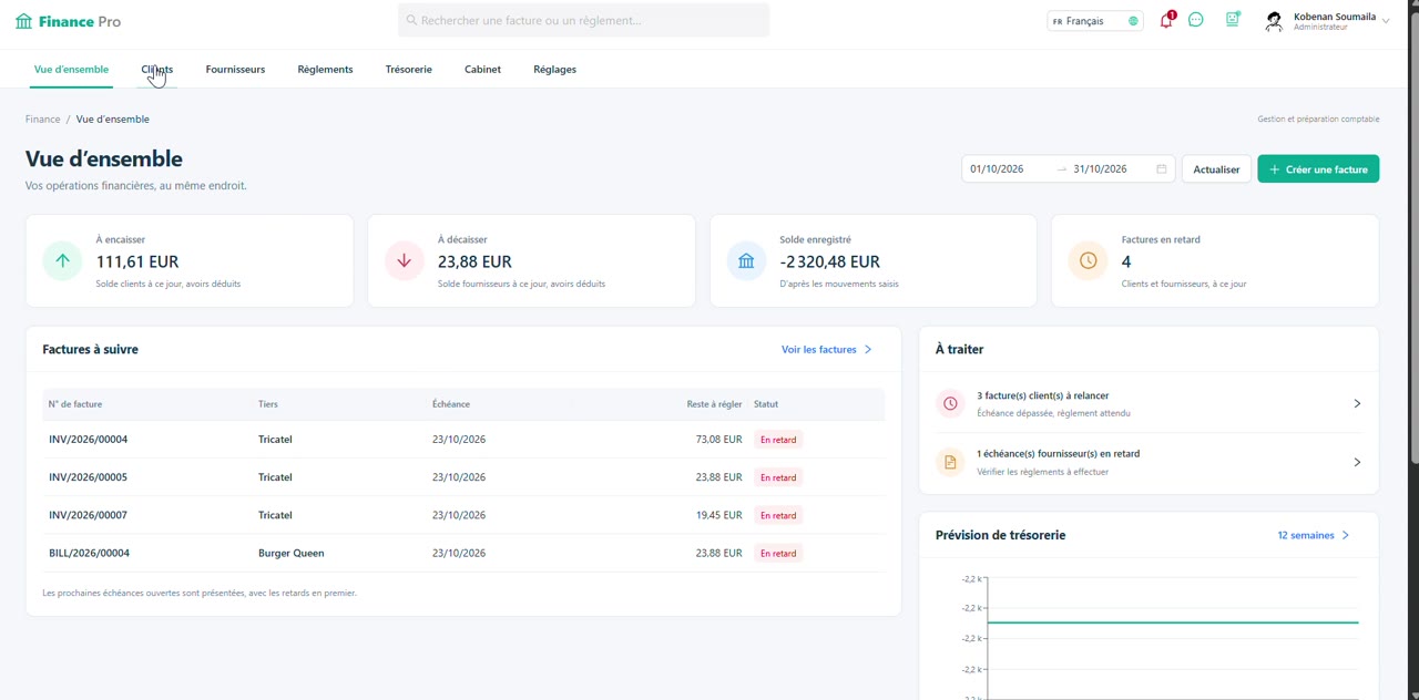 Vue du module Finance, avec des données d’exemple