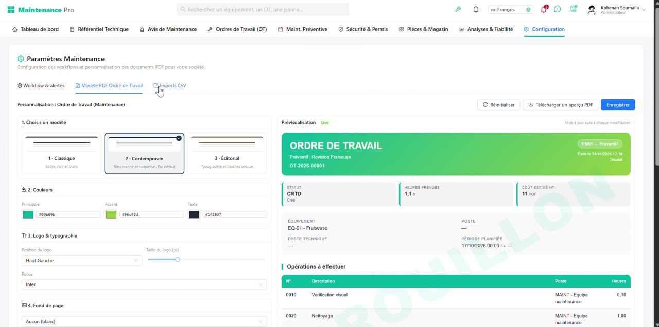Vue du module Maintenance, avec des données d’exemple
