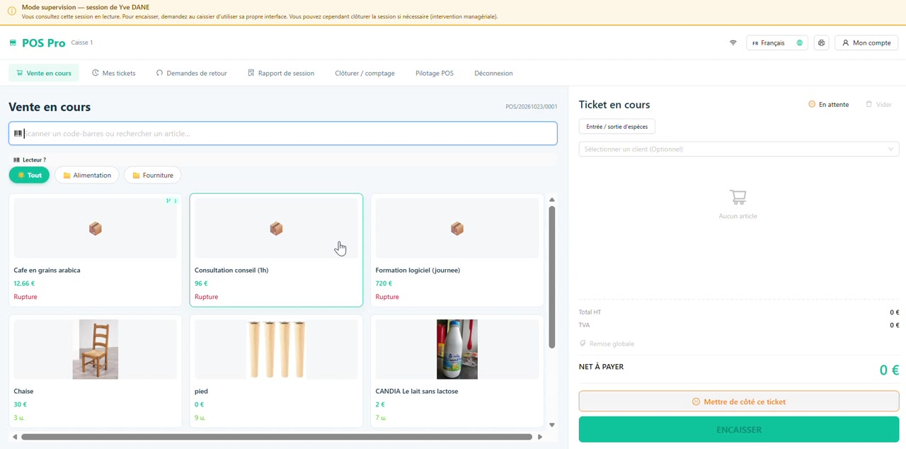 Vue du module Point de vente, avec des données d’exemple