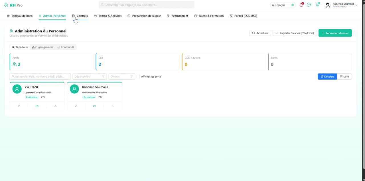 Vue du module Ressources humaines, avec des données d’exemple